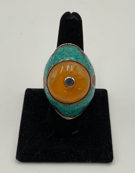 Sterling, Tibetan, Amber, Turquoise, Coral,  Lapis Chip Inlay Ring