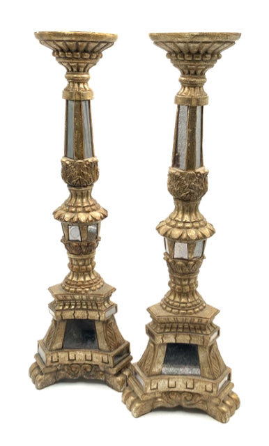 Pair of Gold Chunky Candlesticks with Distressed Mirror Accent