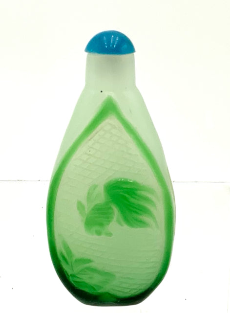 Vintage Peking Glass Snuff Bottle with Green Koi Design