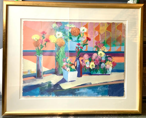 Signed Pastel of Flowers on Table In Gold Frame