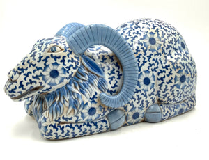 Asian Blue & White Ceramic Ram
