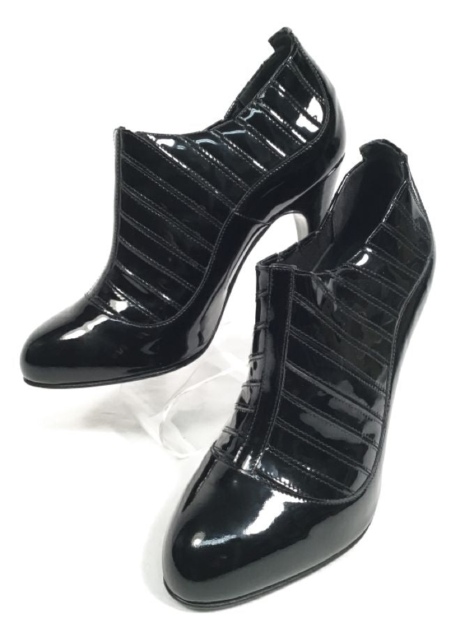 CHANEL Black Patent Leather Stitched Ankle Boots 38.5