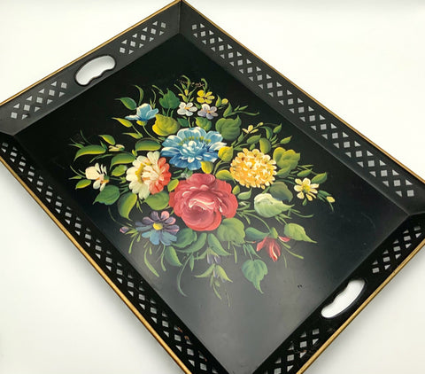 Vintage Black Metal Tole Tray with Floral Design