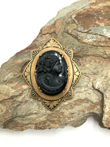 Vintage Etched Brass Gutta Percha Cameo Brooch