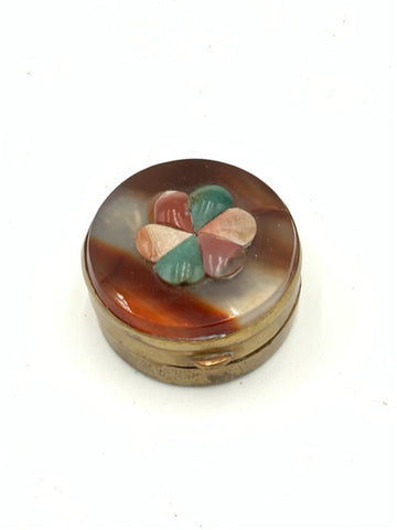 Round Brass Lidded Pill Box with Floral Stone Detail