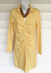FLORA BEA Yellow Geo Print Ruched Front L/S B/D Dress