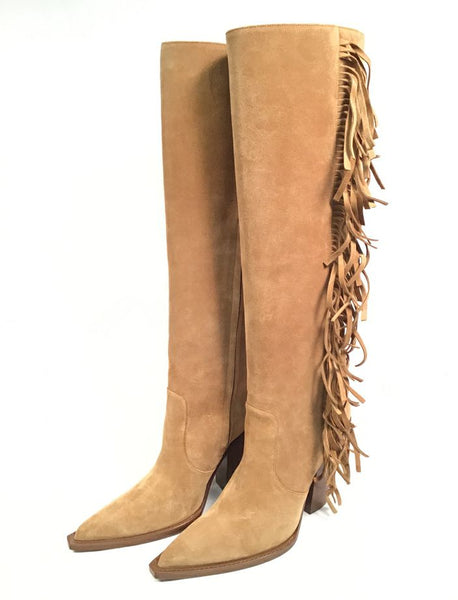MICHAEL KORS Collection Tan Suede Fringe Micki Runway Tall Boots 36