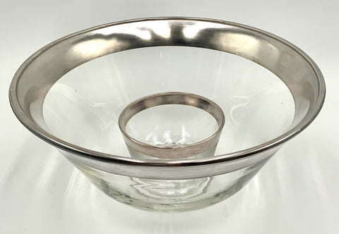 Mid Century Dorothy Thorpe Glass Chip & Dip with Silver Band