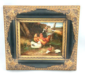 Painting of Roosters in Barnyard in Ornate Frame