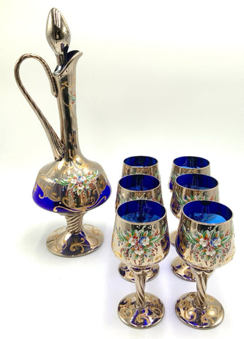 Vintage Handpainted Cobalt Decanter Set with Six Wine Goblets