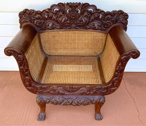 Vintage Carved Wood Indonesian Armchair with Cane Detail