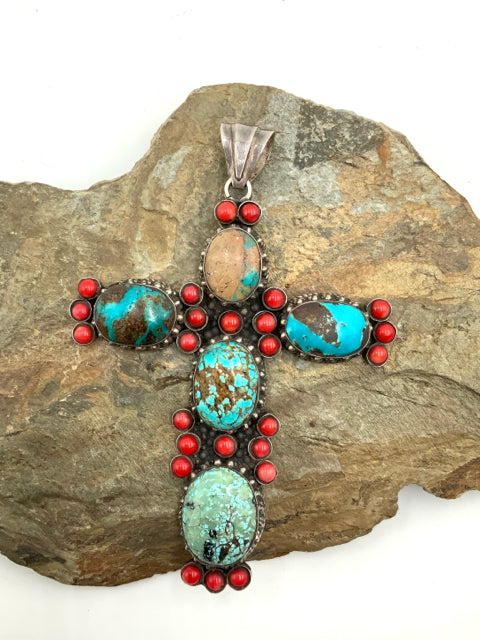Sterling, Turquoise & Coral Cross Pendant