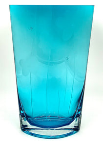 Blue Art Glass Vase with Etched Floral Design
