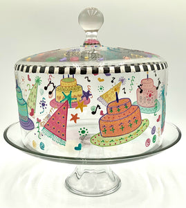 Handpainted Birthday Cake Dome with Pedestal