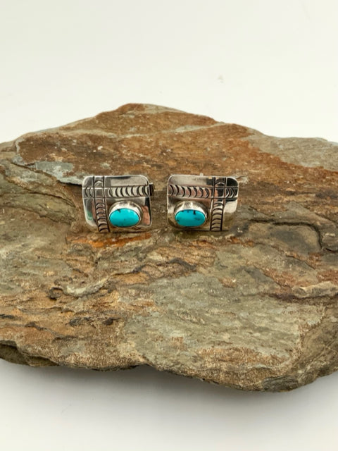 Sterling Etched Square Turquoise Cufflinks