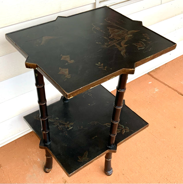 Vintage Black Chinoiserie Occasional Table with Bamboo Style Legs